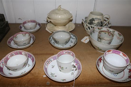Collection of Newhall and other tea bowls and saucers, a Worcester chestnut basket (a.f), creamware, etc